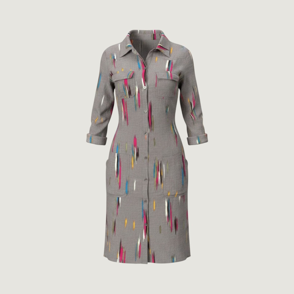 I Heart Ronson Grey Multi Color Brushstroke Ikat Shirt Dress Medium Cotton